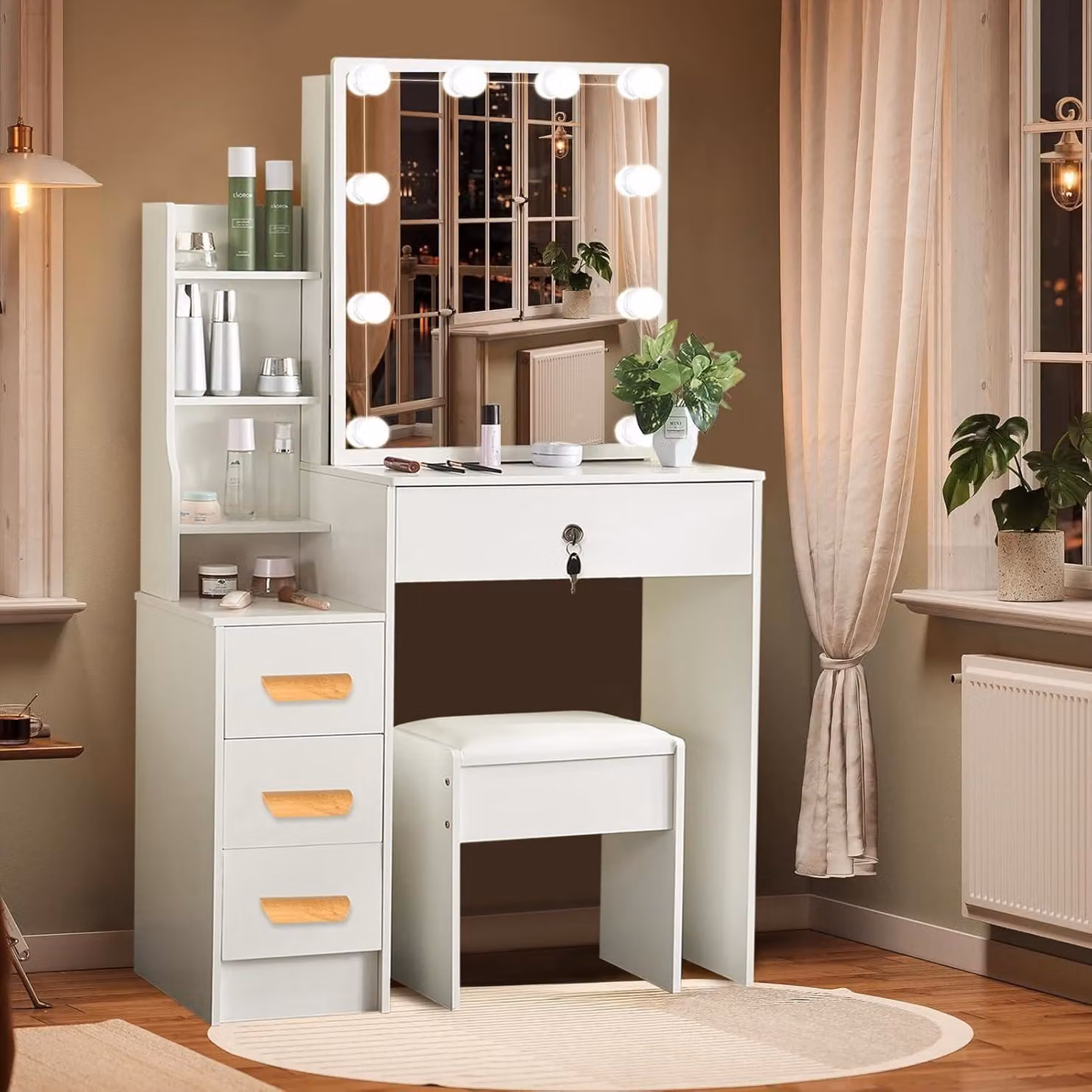 Comò da trucco con specchio e sgabello, tavolino da trucco con illuminazione a LED, mobiletto per cosmetici con 4 cassetti e 7 scomparti, dimensioni 83x36x139 cm