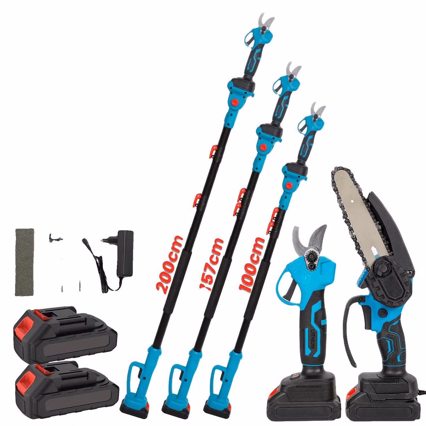 Strumento elettrico multifunzione per il taglio, design 3-in-1, lunghezza regolabile, motosega, cesoie, tutto in uno