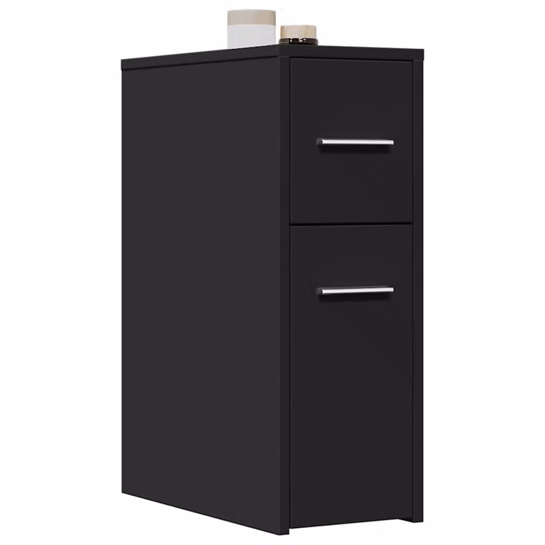Armadietto da bagno stretto con ruote vidaXL nero in legno e MDF con cassetti e ante a battente L/P/H: 44.0 x 22.0 x 61.5 cm