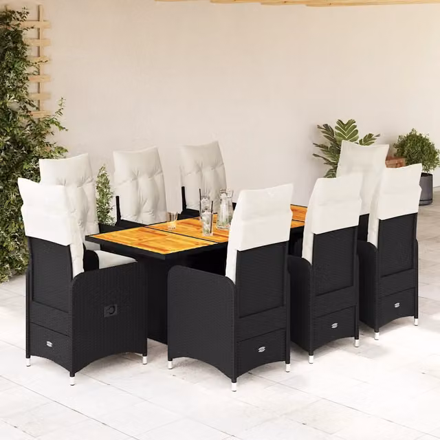 Set Bistrò da Giardino vidaXL 9 pz in Polyrattan e Legno di Acacia Nero e Bianco – 1