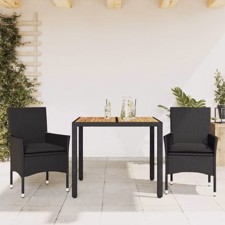 Set Pranzo da Giardino vidaXL in Polyrattan e Legno di Acacia Nero con 3 Pezzi e Cuscini