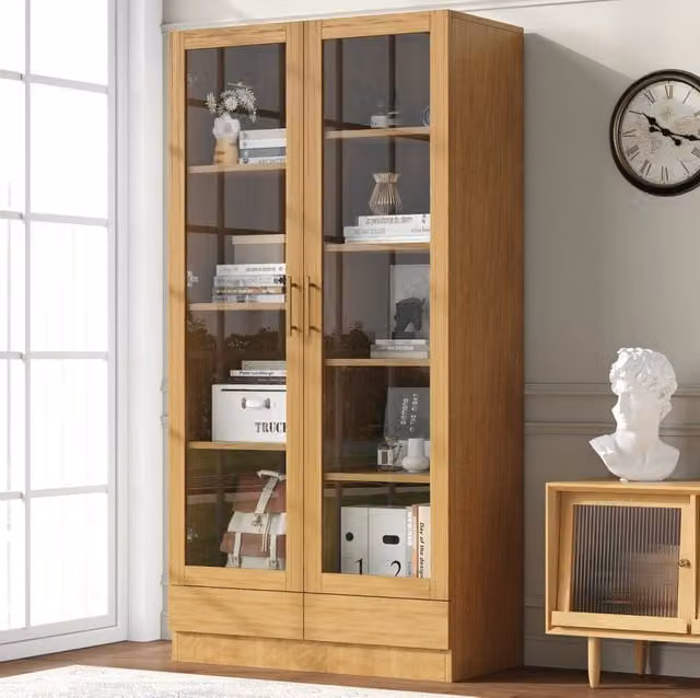 Vetrina in MDF e vetro 80 x 40 x 160 cm color legno naturale