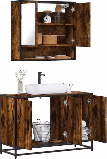 Set Mobili da Bagno Industrial vidaXL in Legno e Metallo Marrone, composto da Mobile Lavabo e Armadietto con Specchio, L/P/H: 90 x 33 x 60 cm
