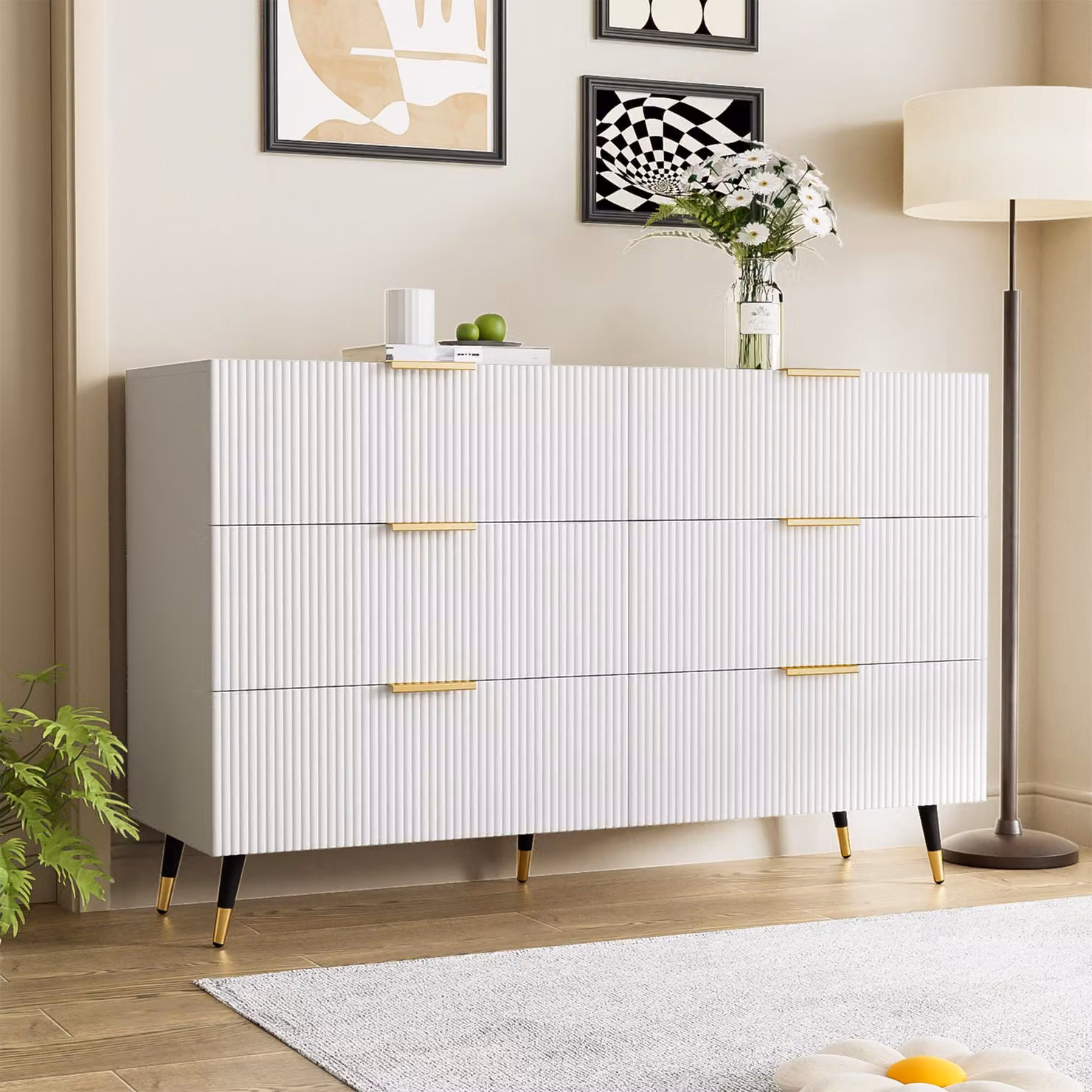 STILVORA Credenza moderna a sei cassetti, mobile di servizio con superficie ondulata e maniglie dorate, bianco