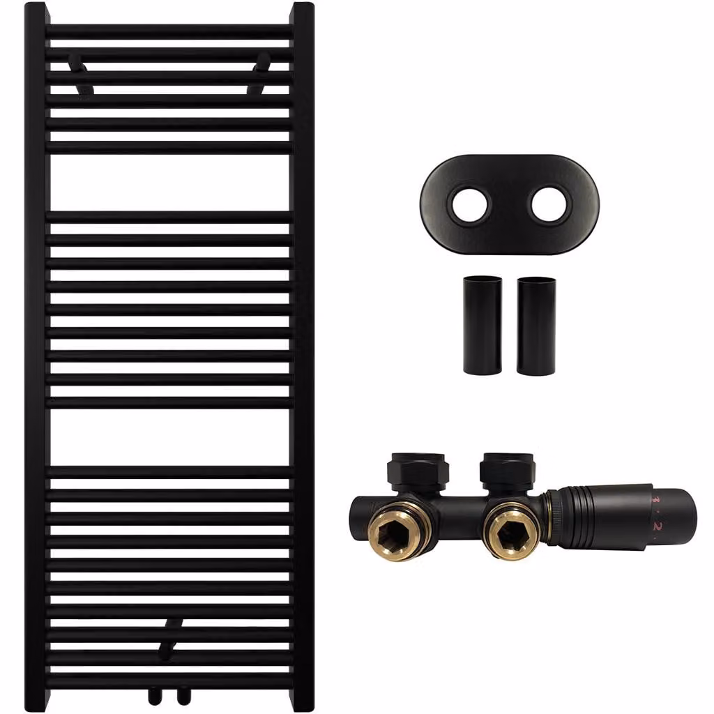 Kit radiatore per bagno Lincoln – riscaldamento centralizzato – attacco centrale da 50 mm – 366W – nero opaco – 1200x500 mm