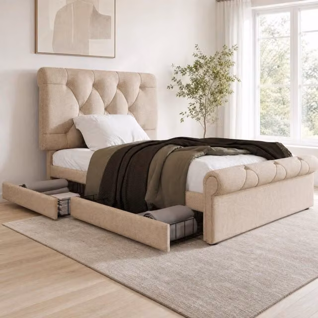 Letto singolo Mivray con 2 cassetti e materasso ibrido, testiera regolabile in tessuto beige, L/P: 90 x 200 cm
