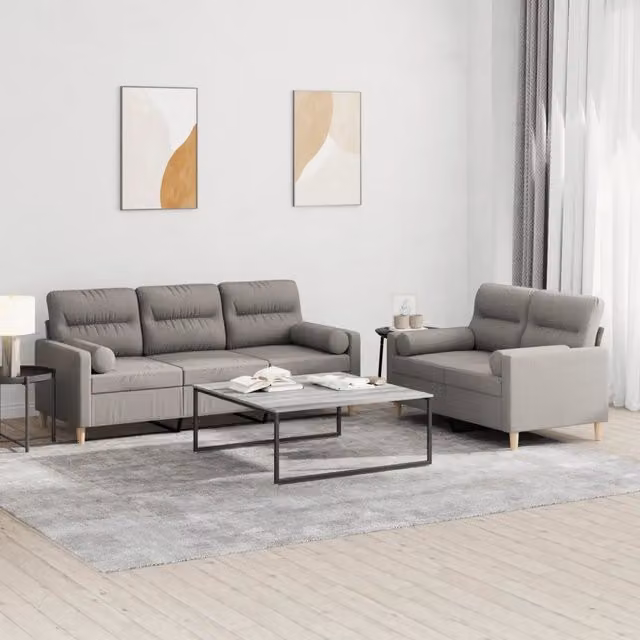 Set di Divani vidaXL da Soggiorno in Tessuto con Cuscini, 1 Divano a 2 Posti e 1 Divano a 3 Posti, Grigio e Beige