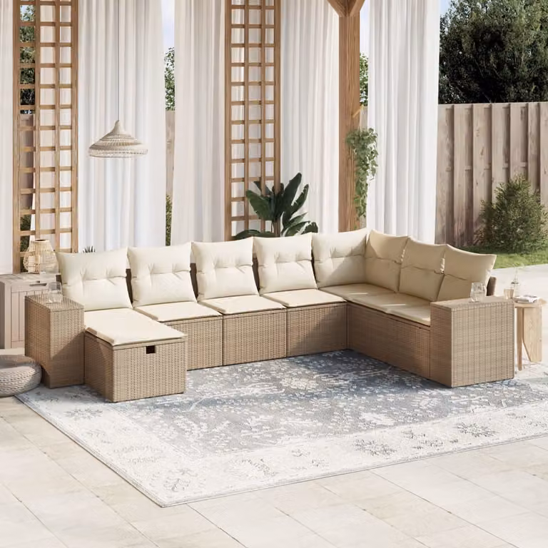 vidaXL Set Divano da Giardino a L 8 pz con Cuscini Beige e Ottoman in Polyrattan e Metallo