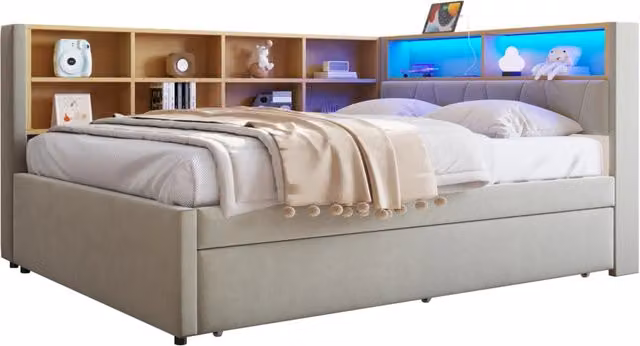 Divano letto 140x200 con letto estraibile 90x190 grigio chiaro， LED e vani， senza materasso
