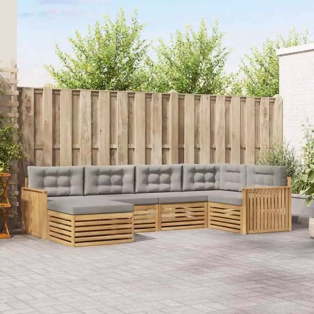 Set di divani da esterno a L vidaXL in legno di acacia con pouf e cuscini, Bianco e Grigio – 1