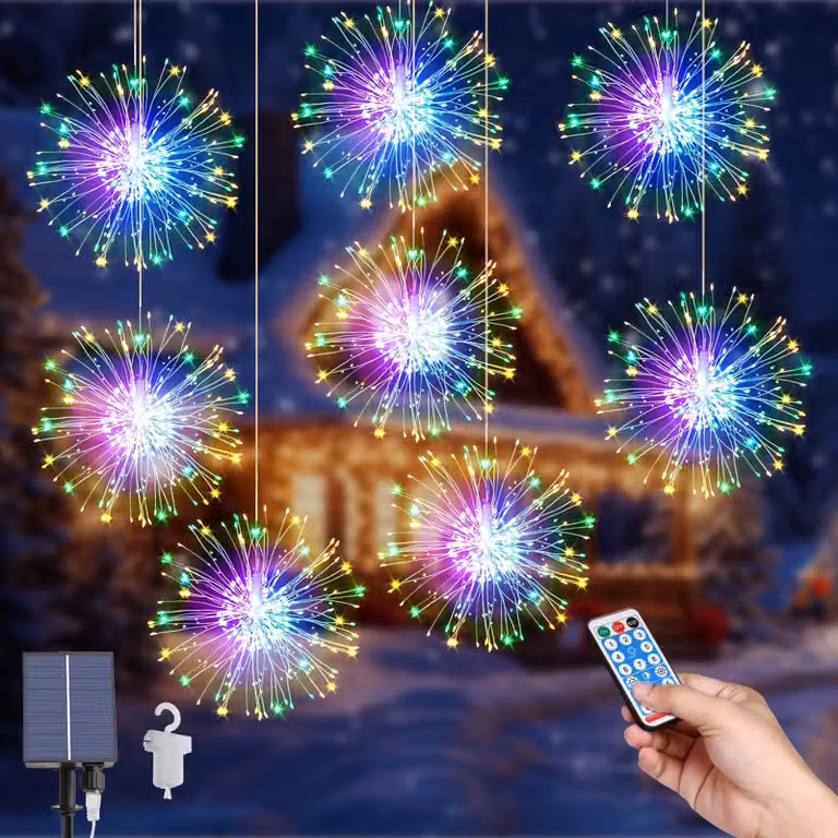 Set di 8 lanterne a LED solari a forma di fuochi d'artificio, con 800 LED, impermeabili e con telecomando