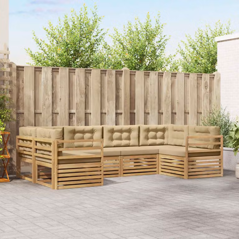 vidaXL Set di divani da esterno a L in legno di acacia con cuscini, Bianco e Beige