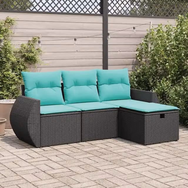 Set Divani da Giardino 4 pz con Cuscini Nero in Polyrattan 3325553