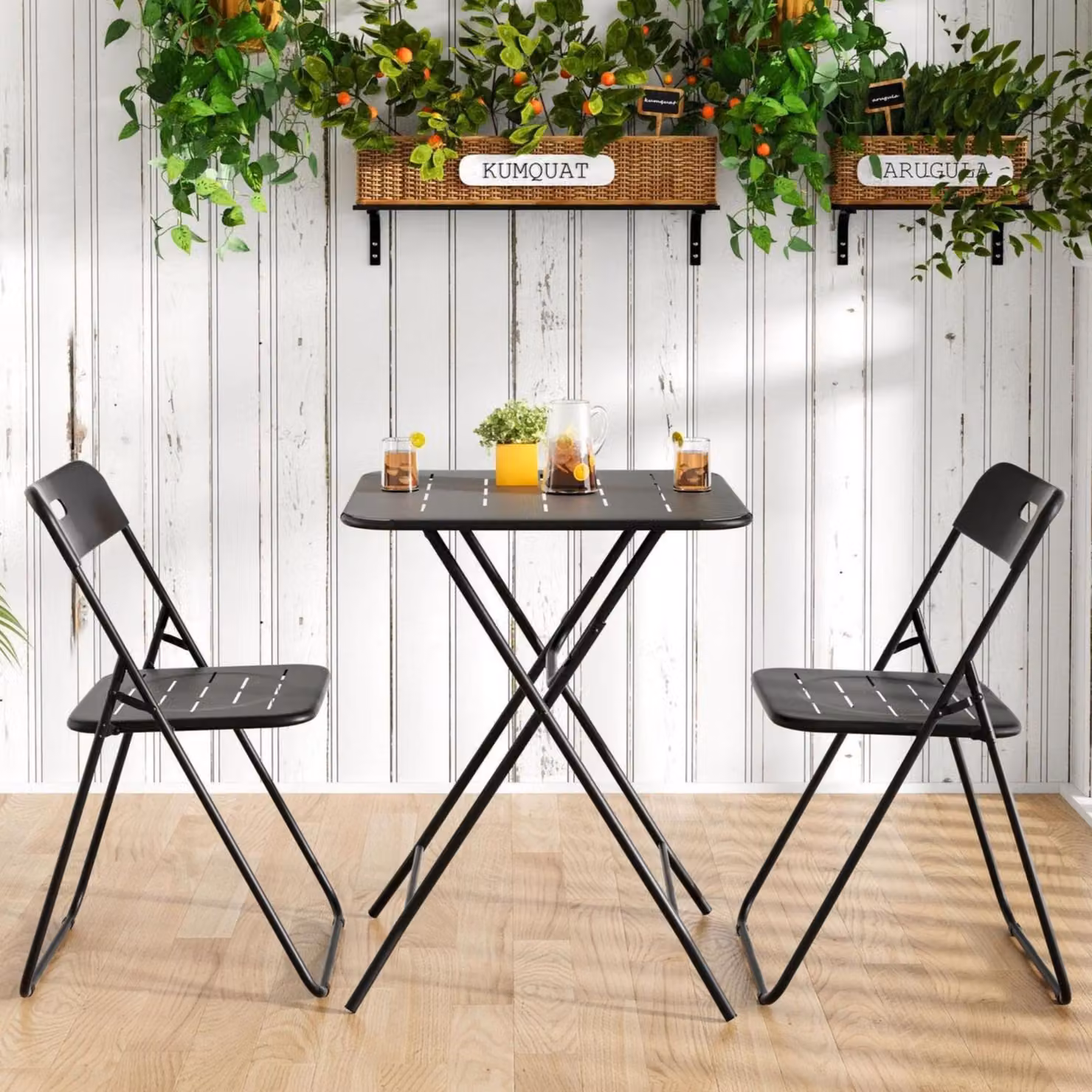 Set bistro pieghevole in 3 pezzi in acciaio nero opaco con 2 sedie e 1 tavolo quadrato per giardino, balcone o terrazzo – 2