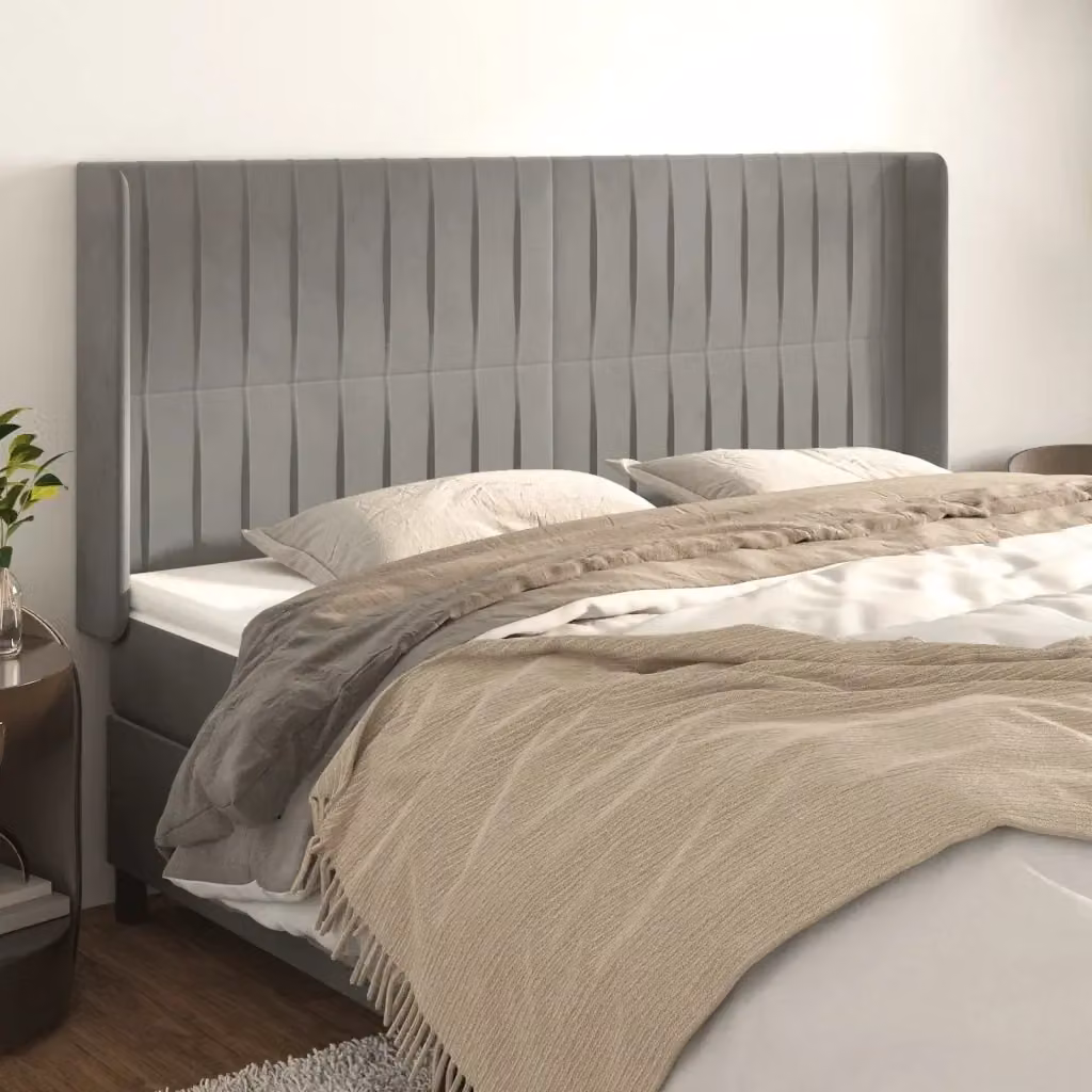 Testiera ad orecchio in velluto grigio chiaro con struttura in legno L: 163 cm, P: 16 cm, H: 118/128 cm – 2
