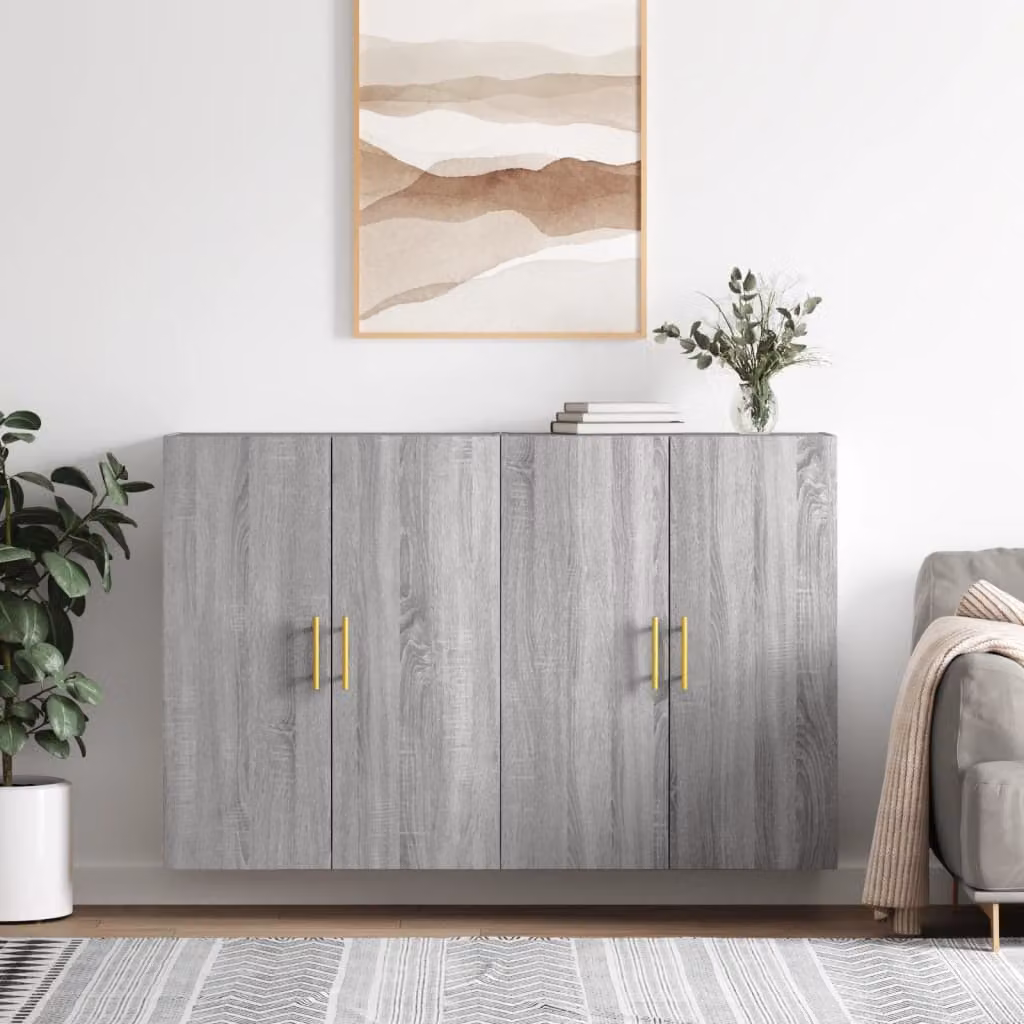 Set di 2 mobili a parete moderni vidaXL in legno MDF, colore grigio, L: 69,5 cm, P: 34 cm, H: 90 cm