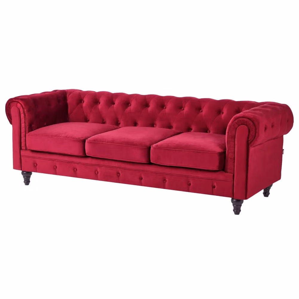 Divano Chesterfield BELIANI in Velluto Rosso con Gambe in Legno di Rubberwood per 3 Persone L: 202 cm, P: 75 cm, H: 70 cm – 2