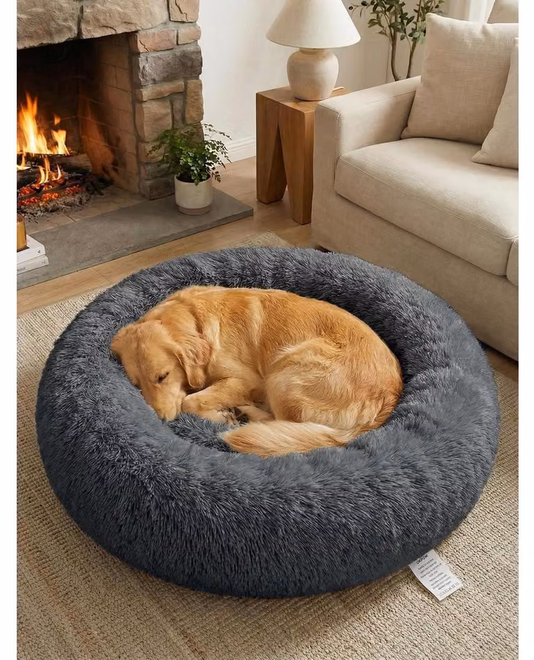 Cuccia per cani a forma di ciambella, morbida, rotonda, lavabile, color grigio scuro, taglia L, dimensioni 80x80x20 cm