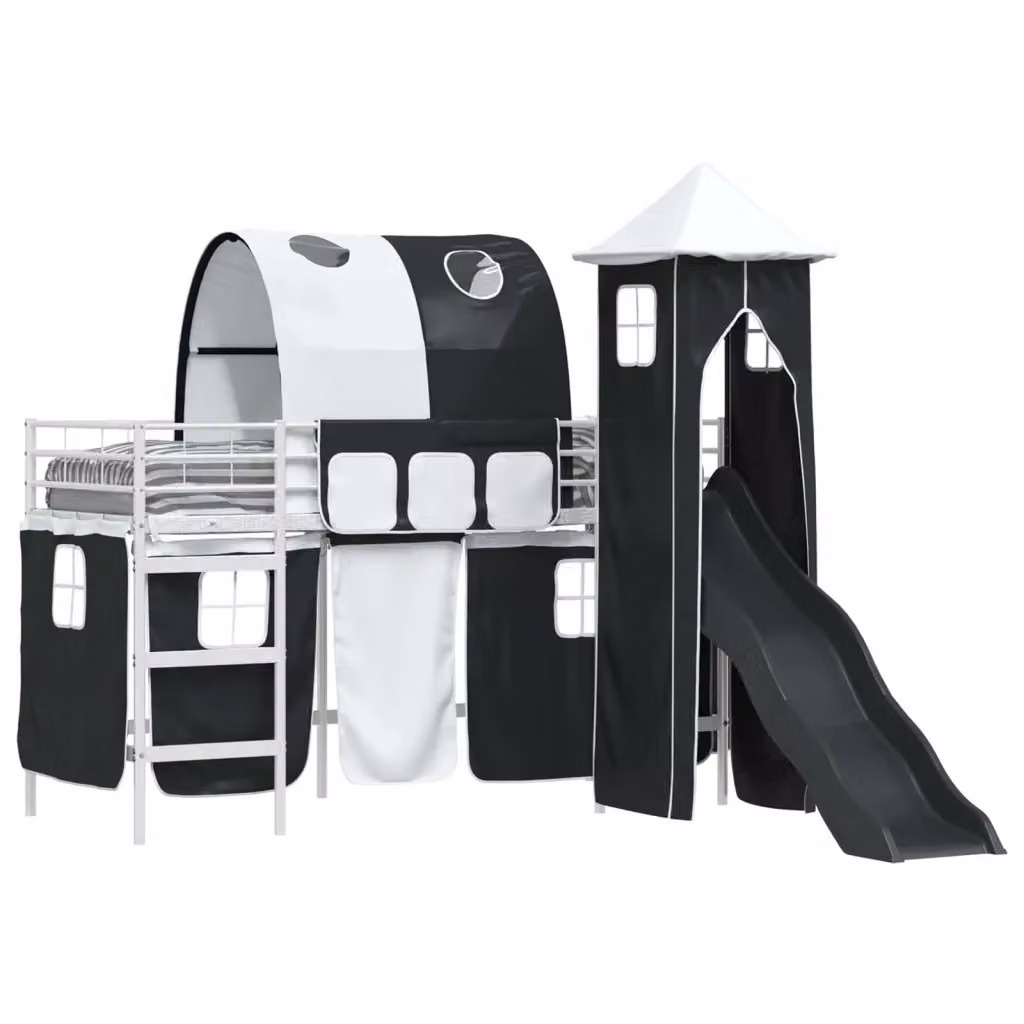 Letto a castello per bambini vidaXL in metallo con struttura a casetta, Bianco, Blu e Nero, L/P/H: 200 x 100 x 194 cm – 2
