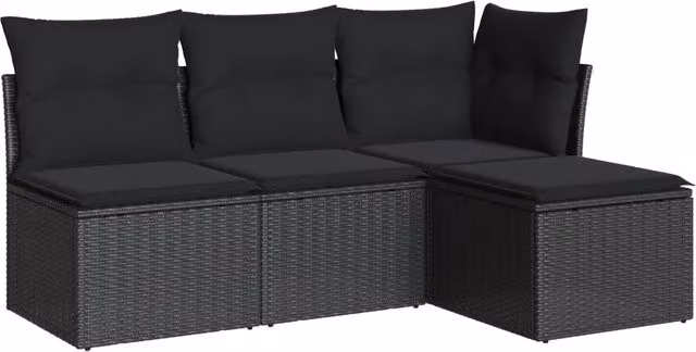 Set Divani da Giardino 4 pz | Set Salotto da Giardino con Cuscini Nero in Polyrattan