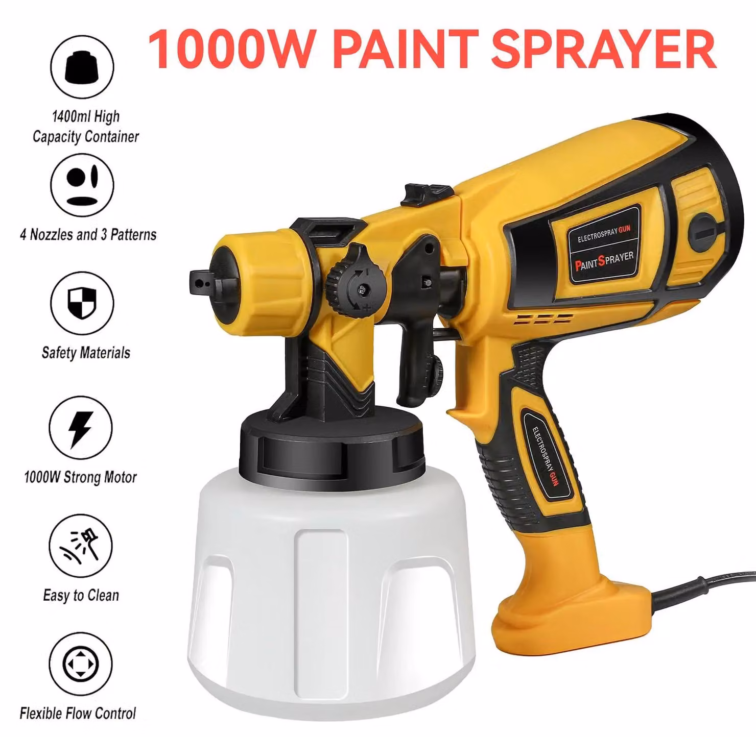 Pistola a spruzzo elettrica - Tecnologia HVLP - Serbatoio da 800 ml - Modello portatile - Adatta per uso domestico - Spina europea - Colore giallo