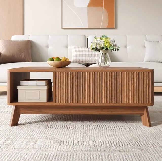 Tavolino da salotto elevabile 95x48x50 cm in MDF noce con vano contenitore -