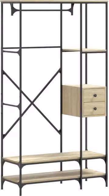 Appendiabiti con Scaffali e Stendino in Legno e Metallo Rovere Sonoma DESIGN IN L/P/H: 180 x 97 x 40 cm