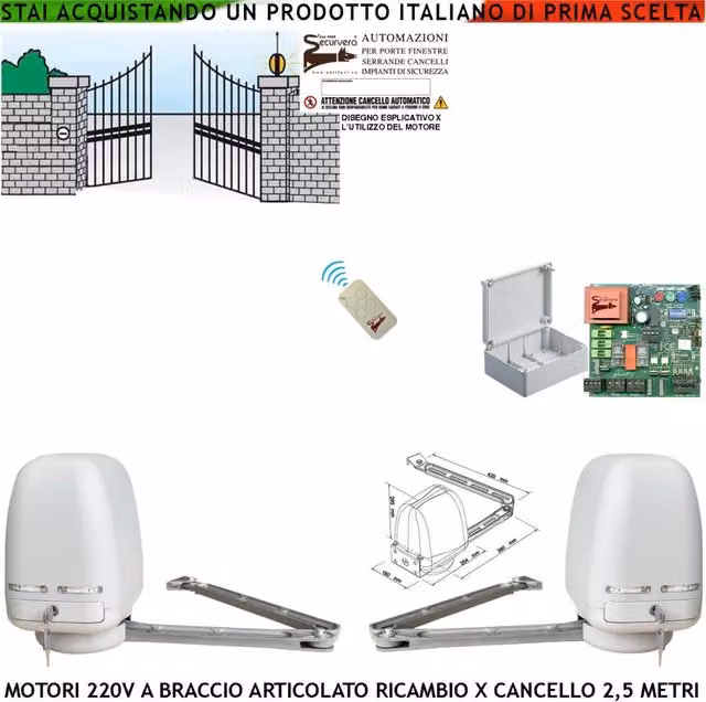 Motori Cancello Elettrico 220 V a Compasso Braccio Articolato Ricambio Cancello Automatico 5 Metri 2 Ante Battenti da 0,5 Fino a 2,5 Metri Centrale Radiocomando
