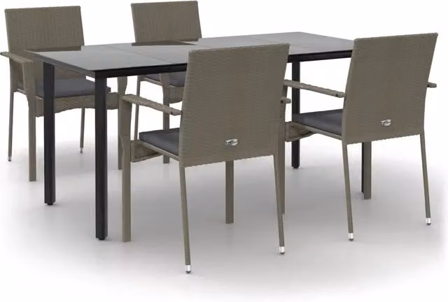 Set da Pranzo Giardino 5pz | Set Salotto da Giardino Nero e Grigio con Cuscini Polyrattan