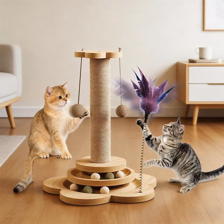 Albero per gatti Kratzbaum, 50 cm, 4 funzioni, in sisal, con palline e piume pendenti