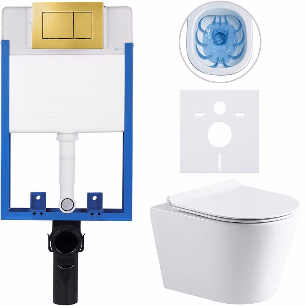 CERANO - Set completo per WC da incasso Lite/Norbi - bianco lucido - pulsante WC Classic, dorato - da incasso - 48,5x36,5 cm