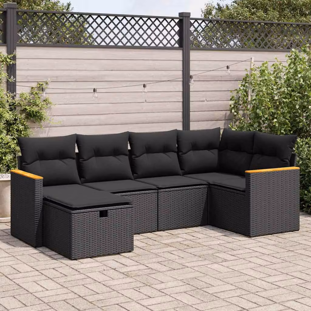 Set Divano da Giardino vidaXL 6 pz a Forma a L in Polyrattan Nero con Cuscini e Coperture Rimovibili