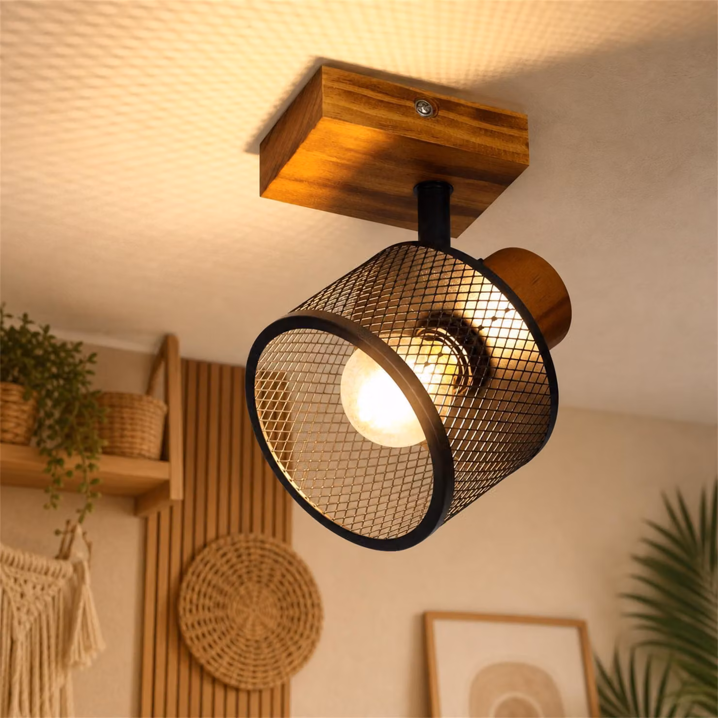 Lampada a soffitto in legno, con una luce, attacco E14. Lampada da soffitto in metallo con griglia, adatta per il soggiorno, la cucina o la camera da letto. Ideale per illuminare la zona pranzo