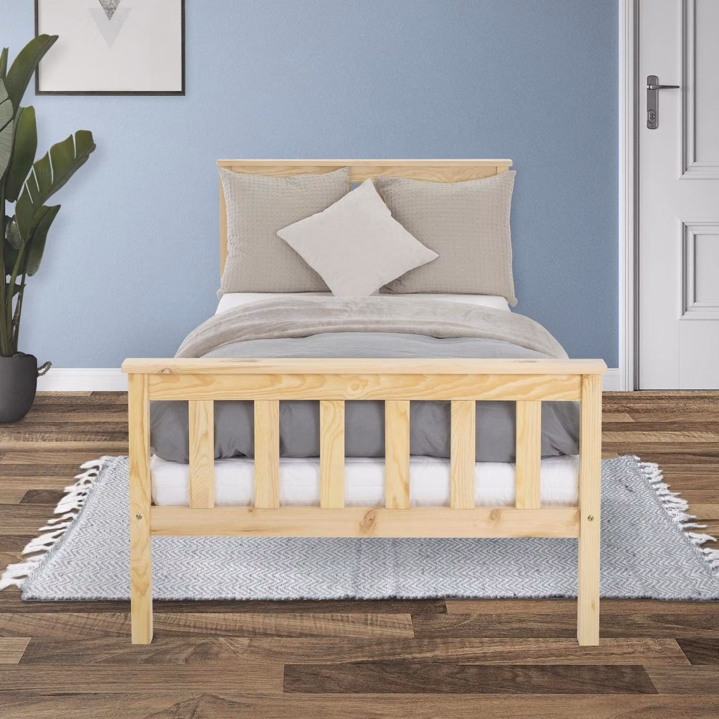 Letto singolo 90x200 cm, in legno massello di pino, completo di rete a doghe