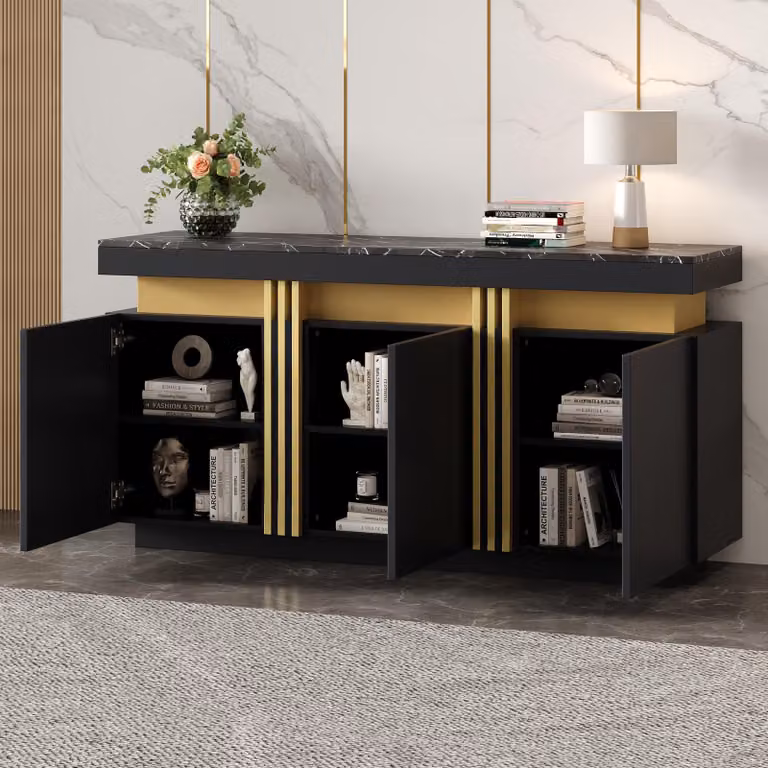 mobile da cucina senza maniglie okwish a 3 ante, mobile da pranzo con divisori regolabili, credenza con cuciture in platino, per cucina, soggiorno, sala da pranzo, nero