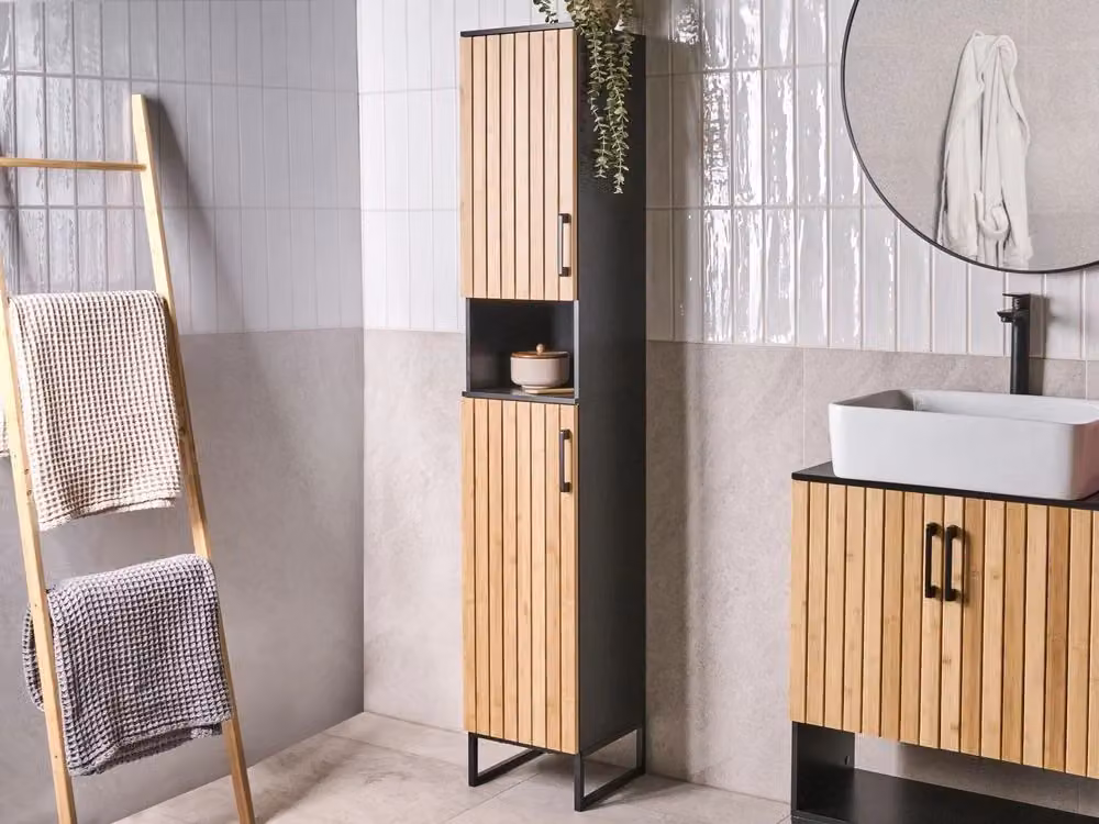 Mobile da bagno moderno BELIANI con ante soft-close e ripiani aperti, nero e marrone, H: 170 cm, L: 30 cm, P: 30 cm – 2