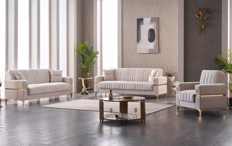 Couchgarnitur Komplette Dreisitzer Sessel Beige 3tlg Stoffsofa Couchen