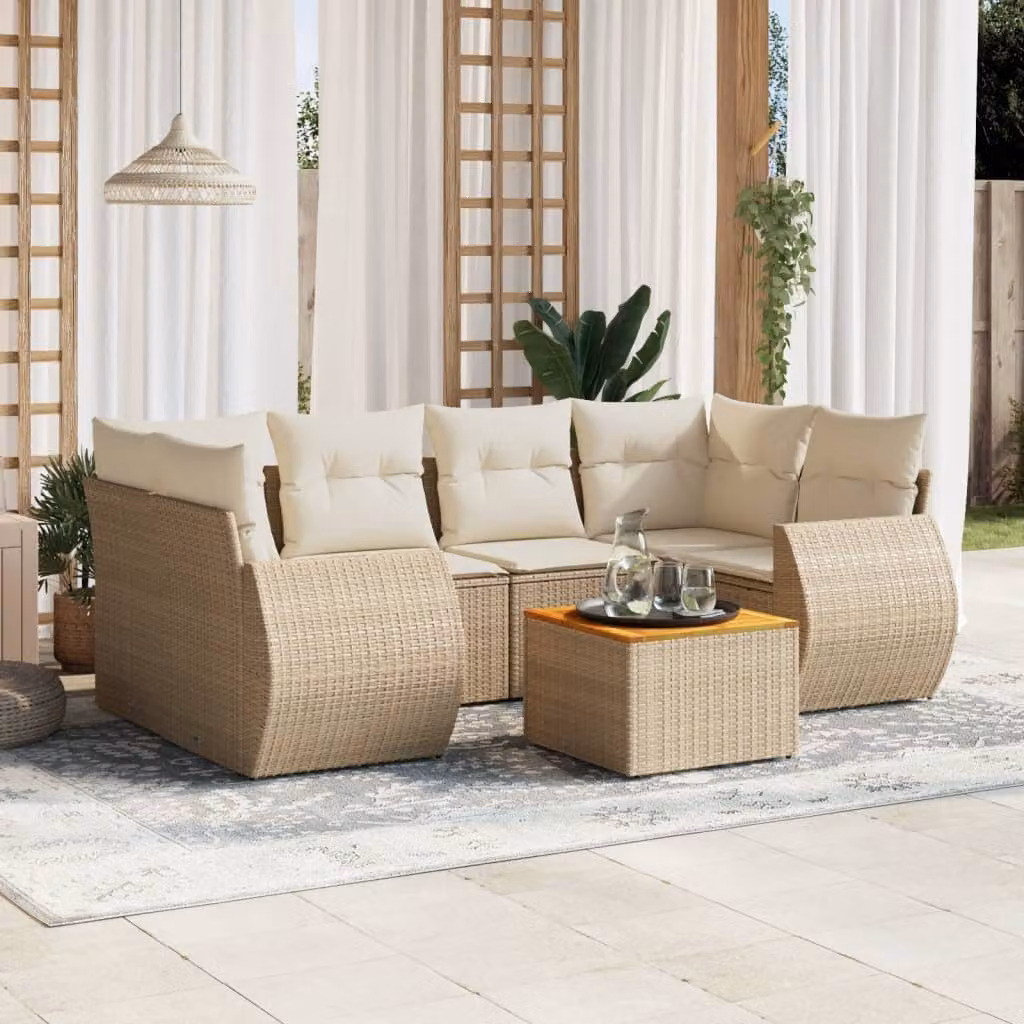 vidaXL Set Divani da Giardino 7 pz a L con Cuscini Beige in Polyrattan e Legno di Acacia – 1