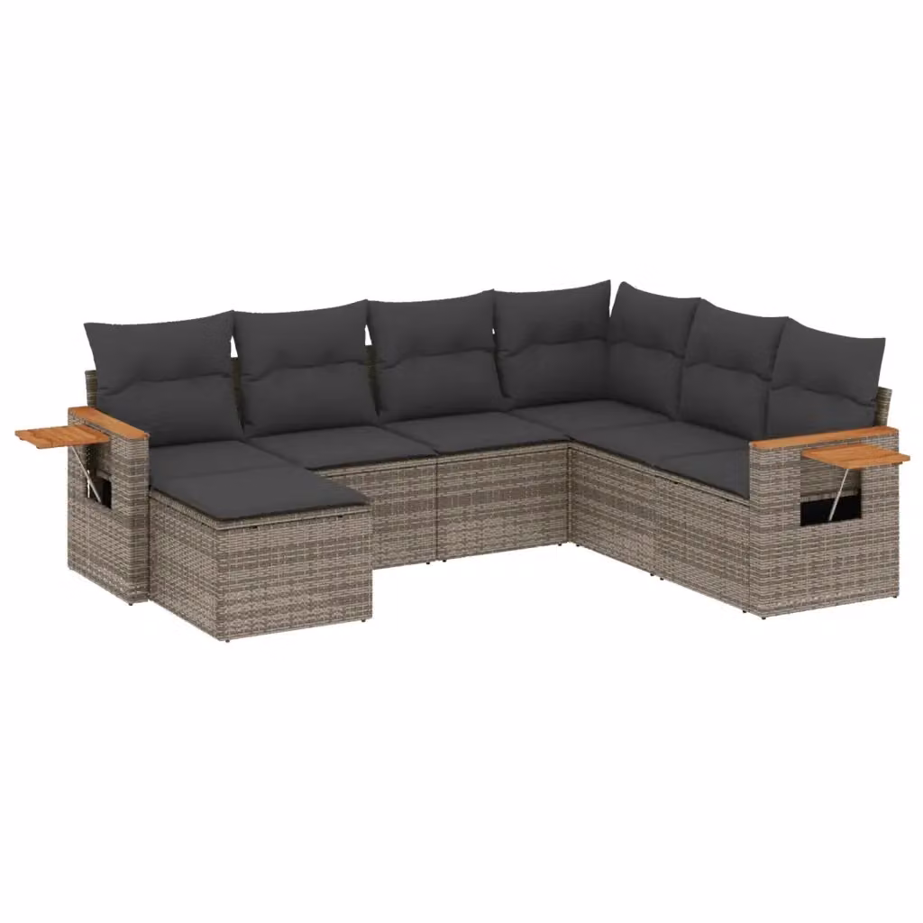 Set di divani da giardino vidaXL in polyrattan grigio con cuscini, tavolino e pouf, 7 pezzi – 2