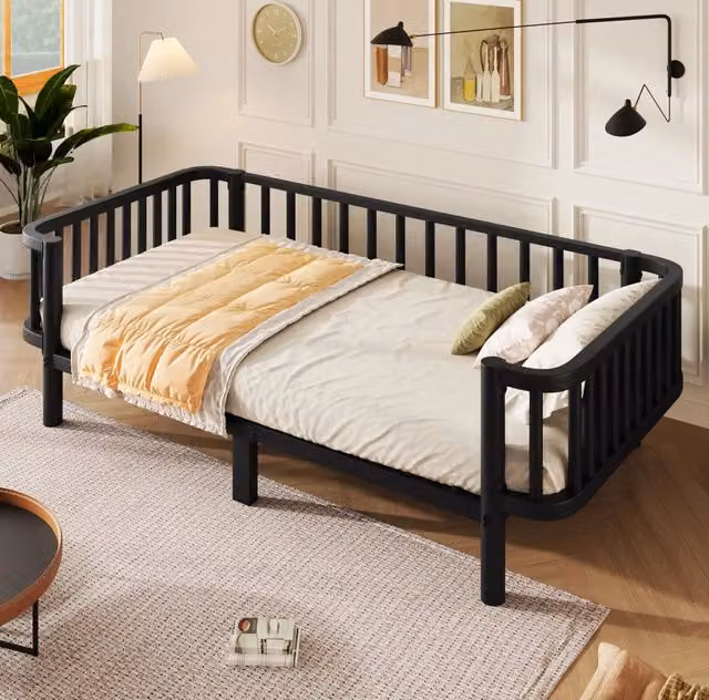 Letto giorno in metallo 90x200 cm con rete a doghe in acciaio, colore nero