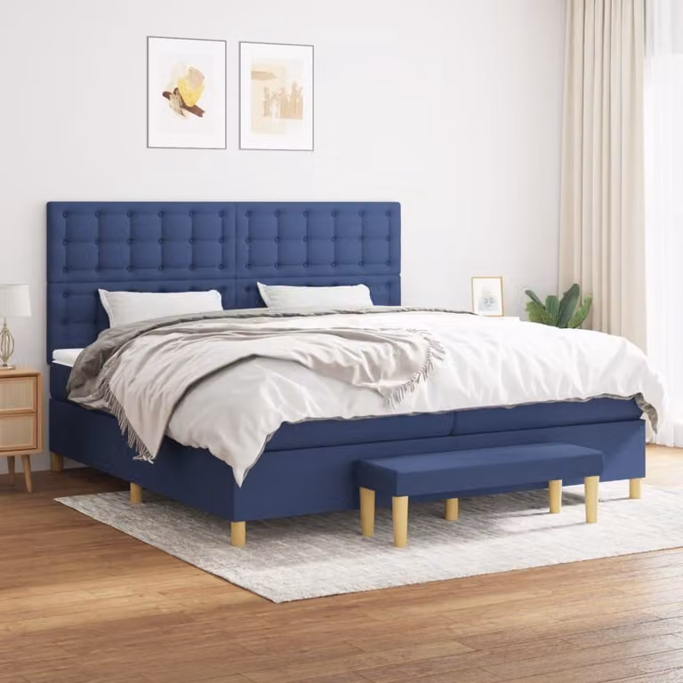The Living Store Letto a molle con materasso blu 200x200 cm in tessuto