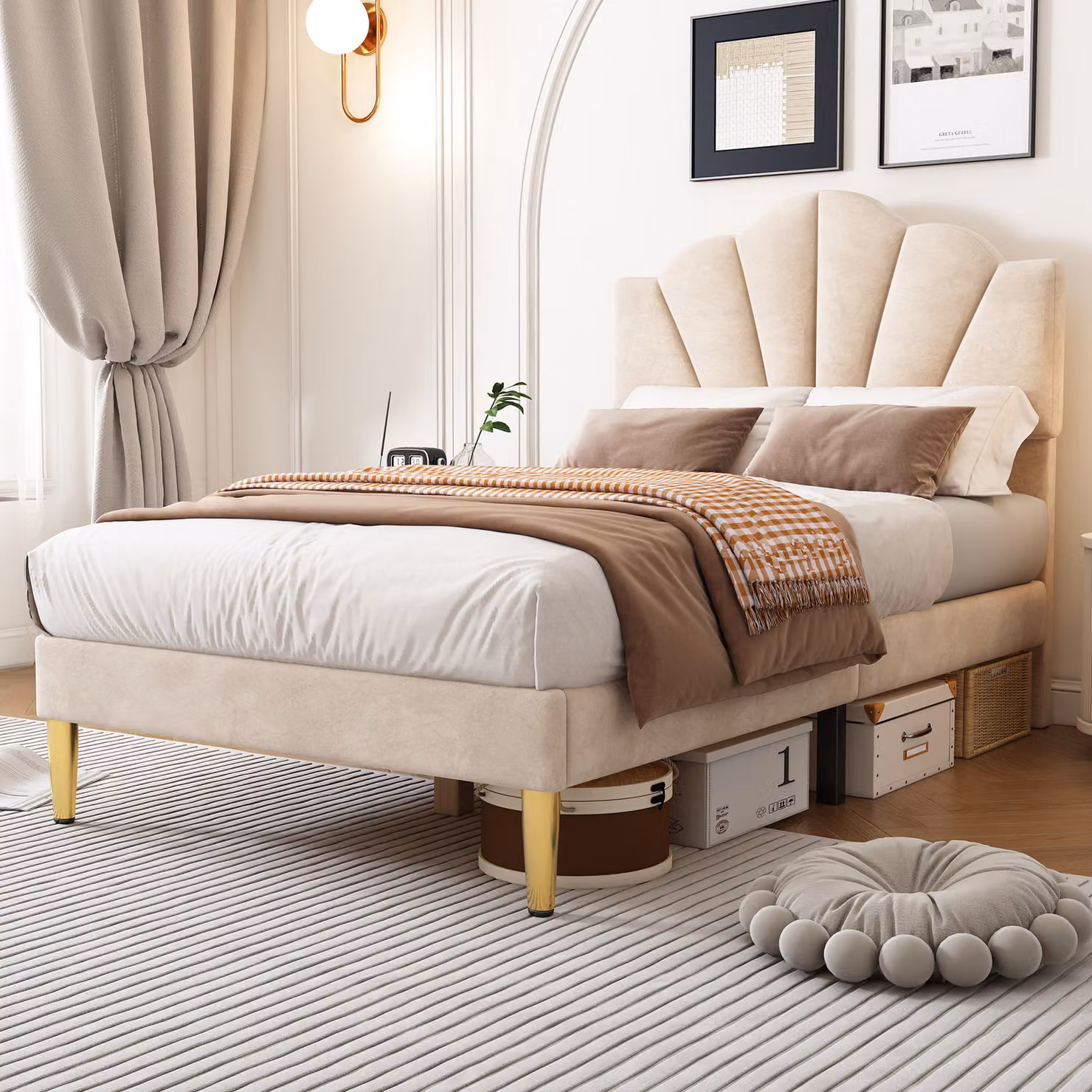 Letto imbottito Flieks 90x200cm con rete a doghe, letto per ragazzi letto per bambini con testiera a conchiglia, letto singolo letto in legno massiccio letto classico, velluto, beige