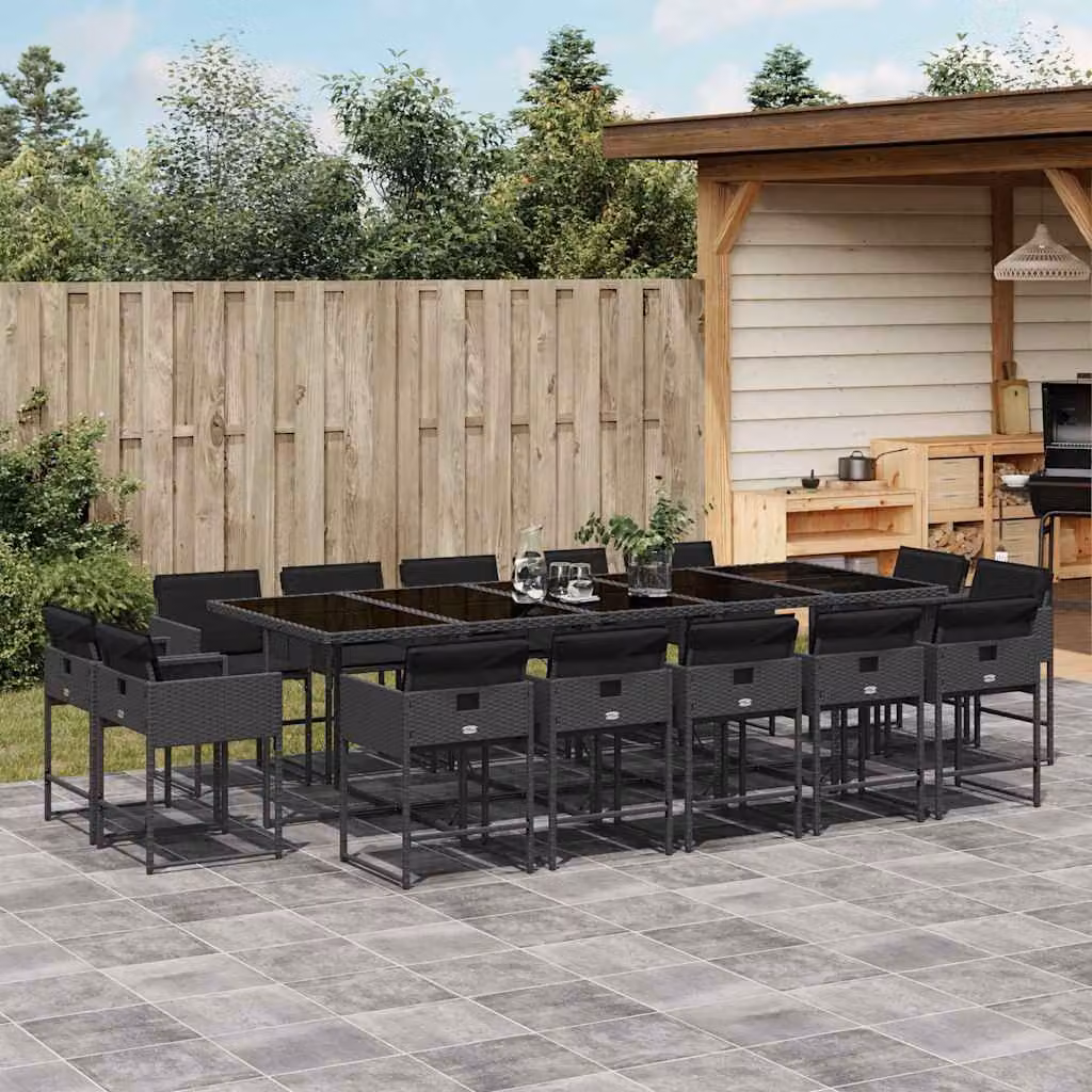 vidaXL Set da Pranzo da Giardino 15 pz in Polyrattan Nero con Cuscini e Tavolo in Vetro – 1
