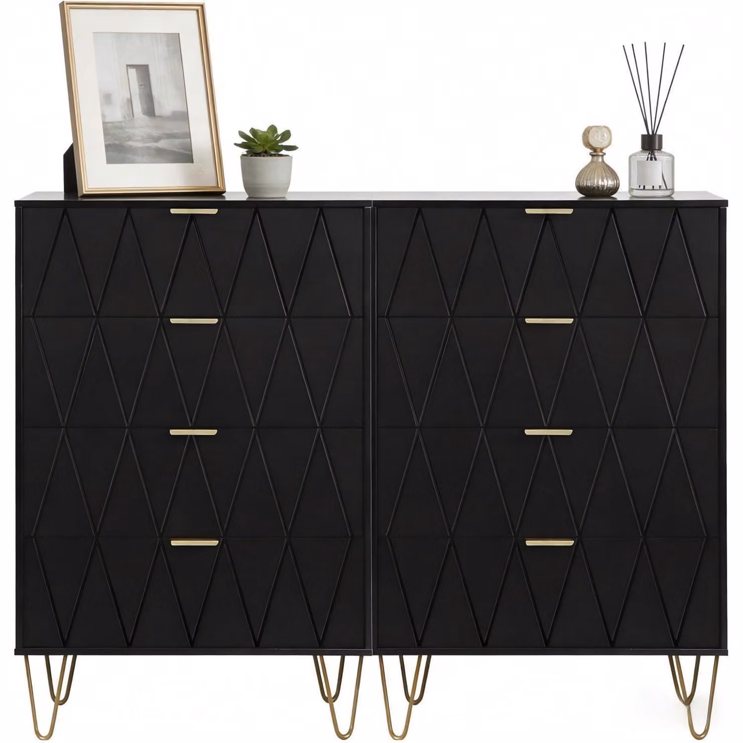 Comodino, set da 2, 120x34x91 cm, 8 cassetti, colore nero