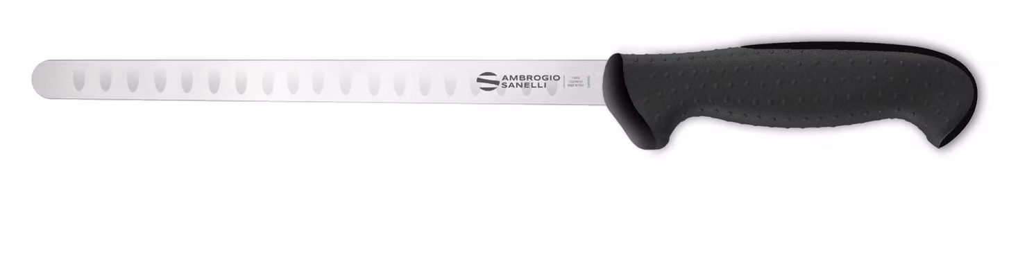 Coltello salmone linea Tecna di Sanelli Ambrogio, lama alveolata cm 28, manico nero