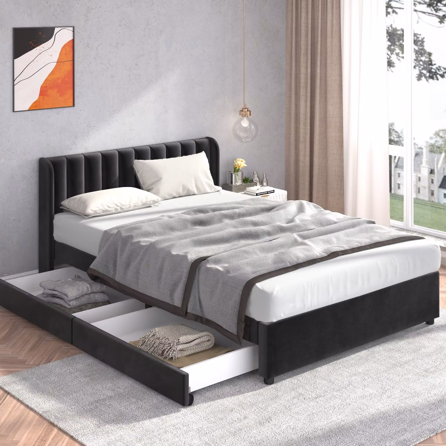 Letto imbottito STILVORA, 160x200 cm, con contenitore e 2 cassetti e rete a doghe, letto per giovani in velluto con schienale, colore nero (con materasso)