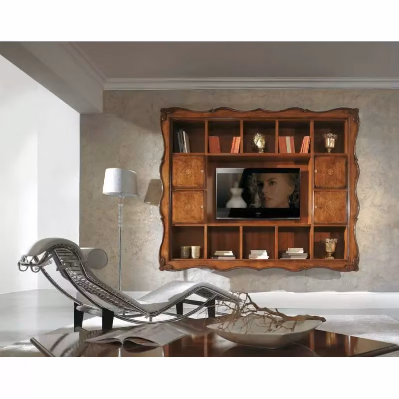 Parete porta TV Bassano con cornice e 14 vani in legno color marrone Mobili 2G L: 235 cm, P: 37 cm, H: 192 cm – 3