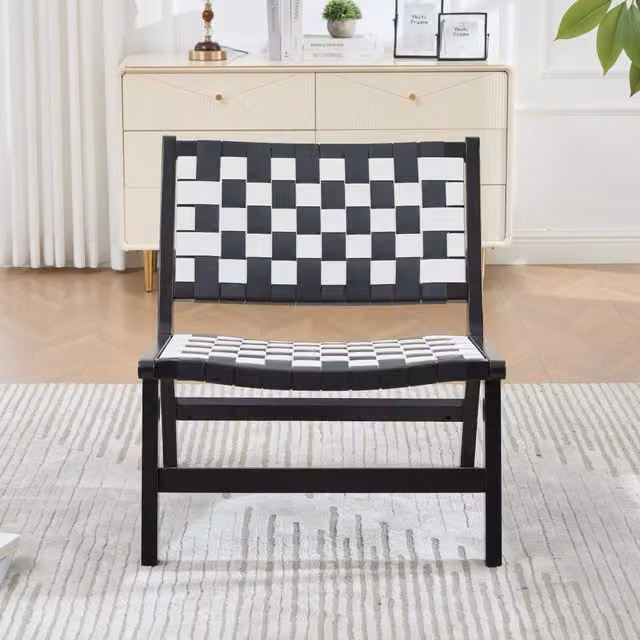 Poltrona Intrecciata in PU con Struttura in Legno 71x66x72 cm; Senza Braccioli Nera; per Soggiorno e Studio