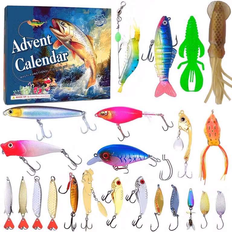 Calendario dell'Avvento a tema pesca 2026, con 24 esche e accessori per pescatori