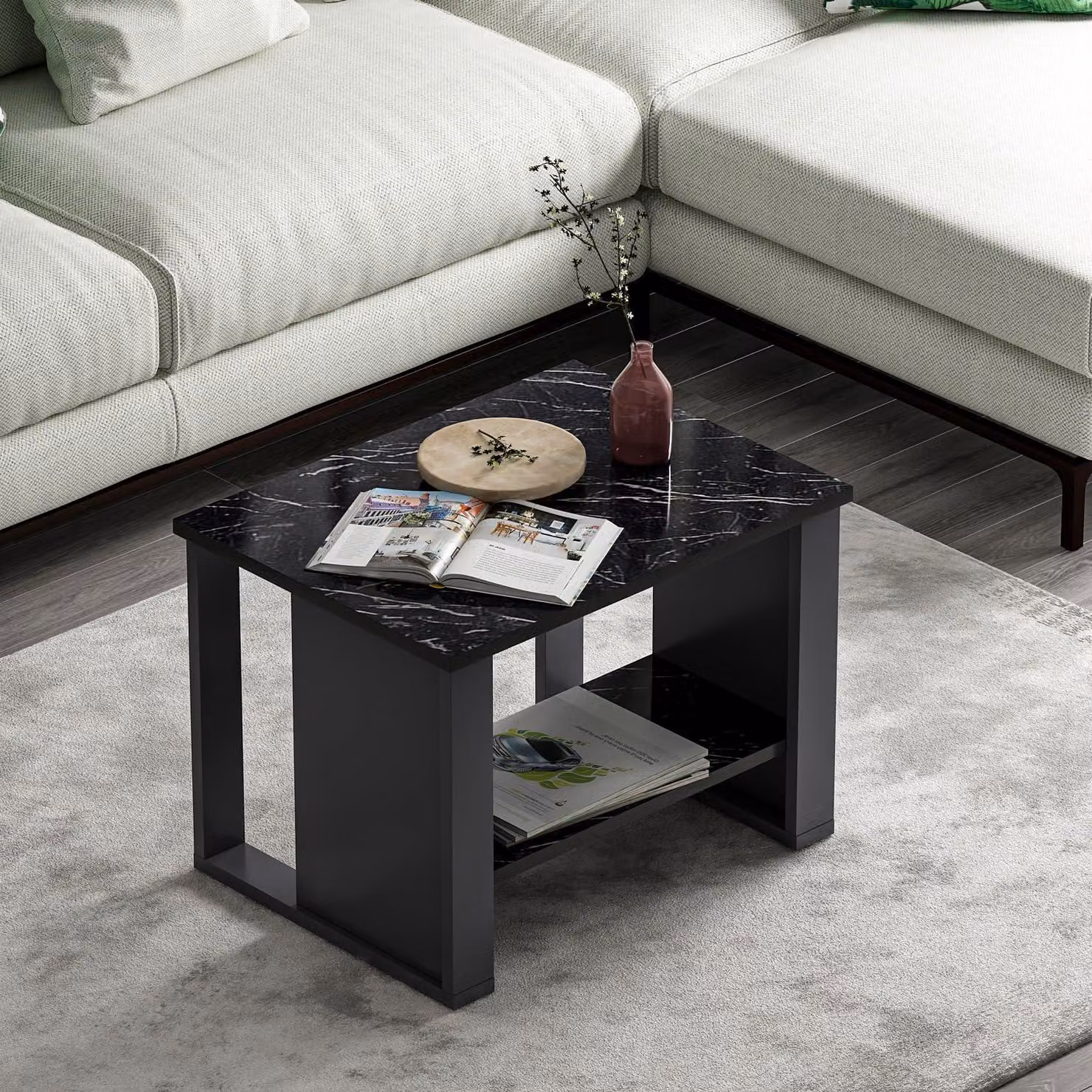 Homidea Tavolino da divano - Moderno tavolino ausiliario con vano portaoggetti, 60×45×43,6 cm (Tavolino da divano in marmo effetto antracite e nero)